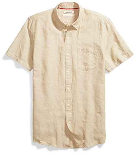 Amazon Brand - Goodthreads Men's Standard-Fit Short-Sleeve Linen and Cotton Blend Shirt, khaki, Large
