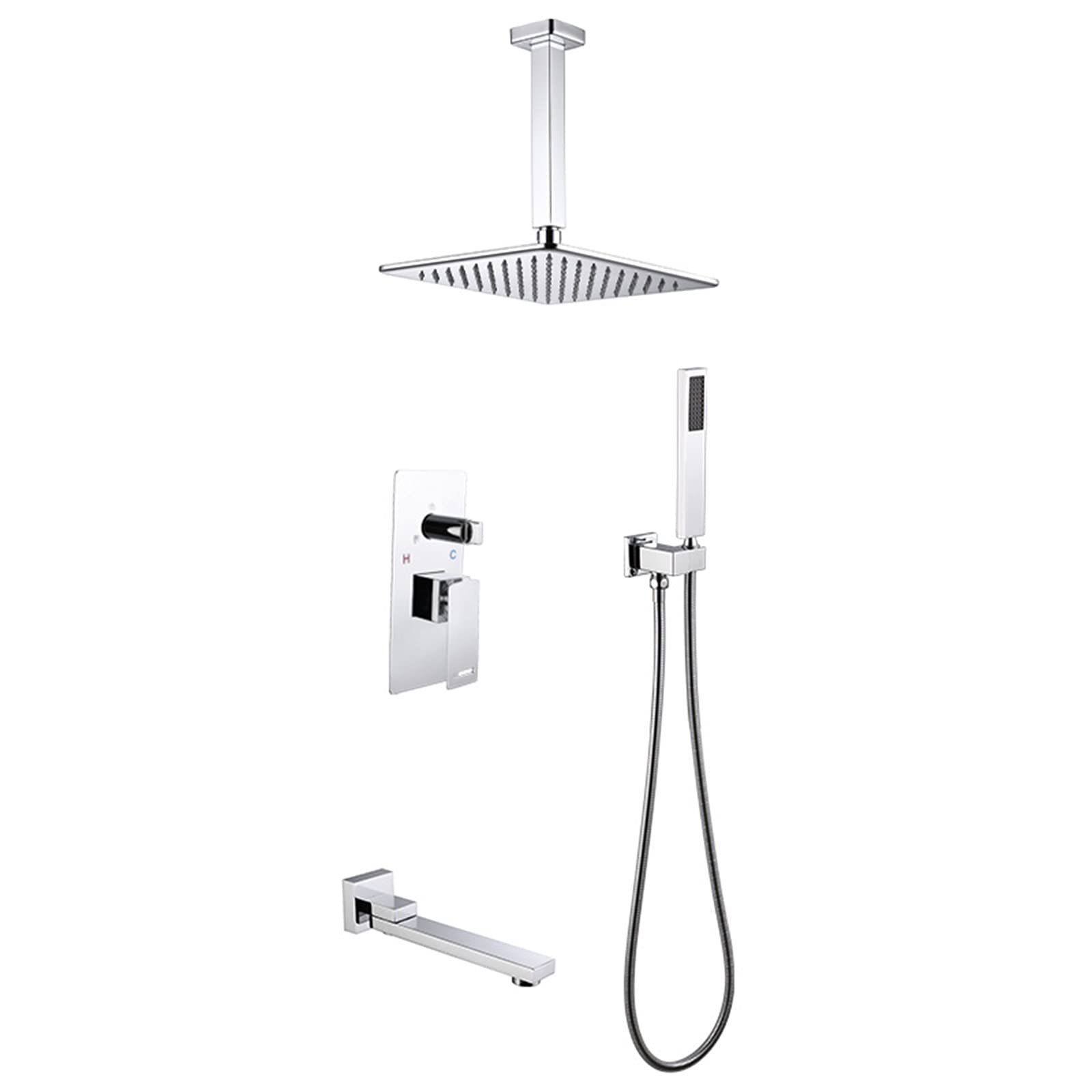 SWENEEN Handheld Shower10 Inch Rainfall Shower System With Rain Shower And Hand Shower Ceiling Mounted Brass Bathroom Shower Combo Set,Black + Rose Gold,Chrome