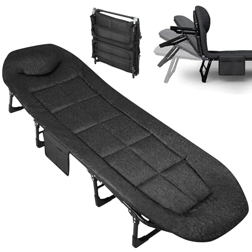 Garvee 75' Portable Folding Bed with Cushion and Pillow, Camping Cot for Adults with Supports 500 Lbs, Lightweight Tent Cot for Patio Beach Indoor Outdoor, Black