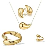 Kemmintvn Gold-Plated Teardrop Jewelry Set, Necklace, Earrings, Ring, Bangle Bracelet, Chunky Twisted Hinged Waterdrop Set for Women, Gold-Plated Baroque Style Jewelry Set
