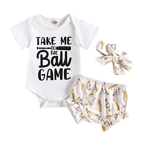 Image of Newborn Baby Girl Shorts Set Baseball Printed Bodysuit Shorts Headband Infant Girls Summer Outfits