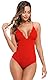 SHEKINI Damen Einteiliger Badeanzug Tiefer V Ausschnit Rückenfrei Bademode Verstellbar Schnürung Geknotete Slim Monokini Swimsuit(S,Rot)