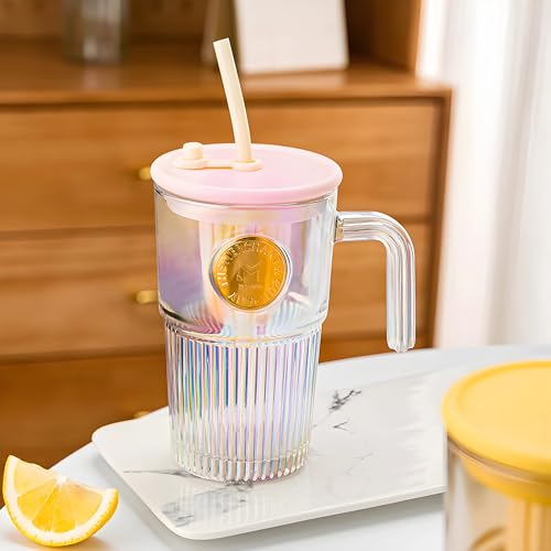 Image of Iridescent Glass Tumbler with Handle Lid and Straw - 530ML, Set of 1, Travel Coffee Sipper Mug Leakproof for Juice Cocktail Iced Tea Smoothie Hot Cold Drink Cup (Receiving Random Color)