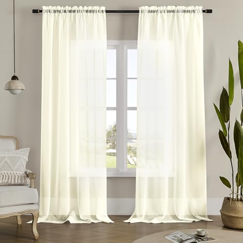 Image of MYSTIC-HOME Sheer Curtains 95 Inches Long, Window Treatments Rod Pocket Drapes for Living Room, Bedroom, Semi Crinkle Voile Curtain Panels for Yard, Villa, Parlor, Set of 2, 52 inchx95 inch, Beige