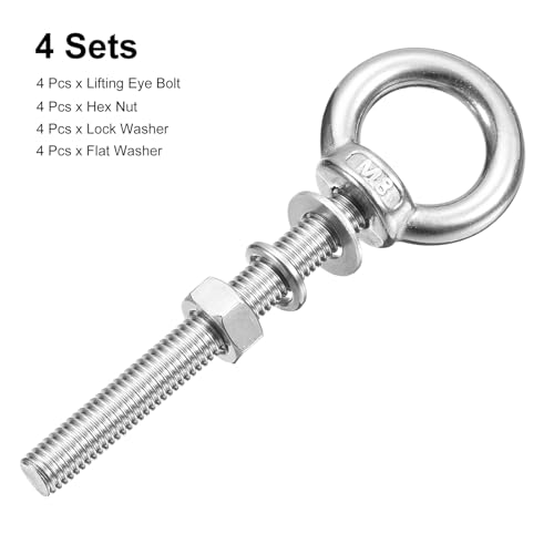 Image of uxcell Lifting Eye Bolt, 4 Sets M8 x 60mm Eye Bolt with Nut Washer 304 Stainless Steel Shoulder Lifting Ring Eye Bolt for Hanging Item