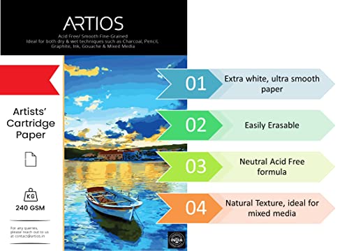 Image of ARTIOS Mixed Media Cartridge Paper A2 240 GSM - 5 Drawing Sheets for Artists, Ideal for Charcoal, Graphite, Acrylic, Watercolor, Gouache, Ink, & Other Mixed Media