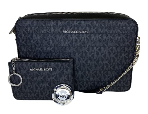 MICHAEL Michael Kors Jet Set Travel Large EW Crossbody bundled with SM TZ Coinpouch Wallet and Michael Kors Purse Hook (Signature MK Black)