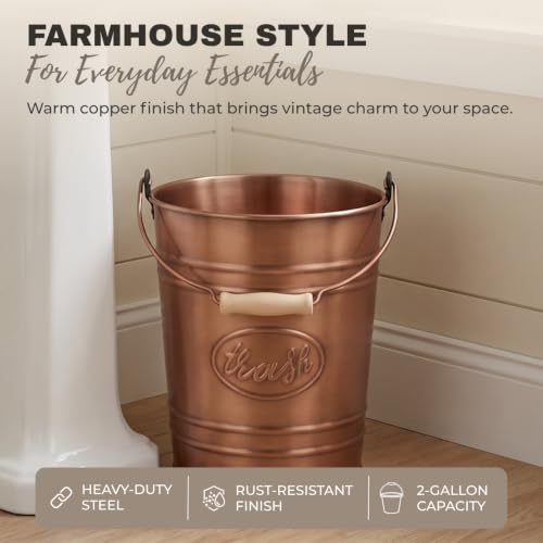 Image of Autumn Alley Western Bathroom Trash Can - Metal Trash Can Bucket with Wooden Handle for Rustic Bathroom, Bedroom, Office, Kitchen, Country Home Decor, 7 Liter, Copper Tone