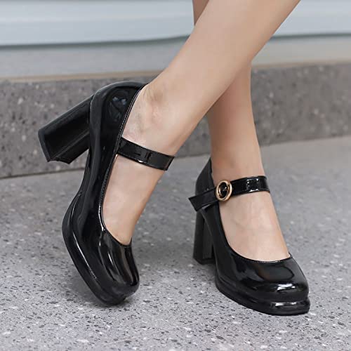 Elbslutt Women's Patent Leather Chunky Mary Janes Platform Square Toe High Block Heels Ankle Strap Pumps3