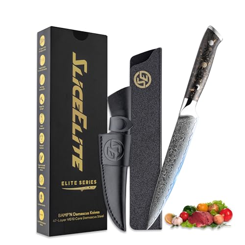 SliceElite Elite Series 5-Inch Damascus Utility Knife – VG10 Steel Blade with Handles Option, Dual Sheaths, and Polishing Cloth (Utility Knife (Carbon Fiber Handle))