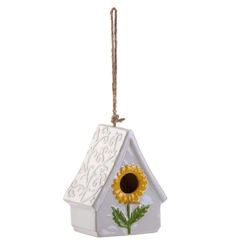 Napco Ceramic Hanging Birdhouse with Yellow Sunflower Design – 6.75 Inch Decorative Garden Bird House for Small Birds with Rope Hanger – Whimsical Cottage Outdoor Décor for Porch, Patio, or Yard
