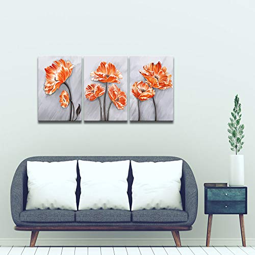 Derkymo 3 Pieces Orange Poppies Picture Elegant Flower Canvas Painting Beautiful Floral In Grey Artwork For Living Room Bedroom Framed Ready To Hang 16"X24"X3Pcs #TOP1