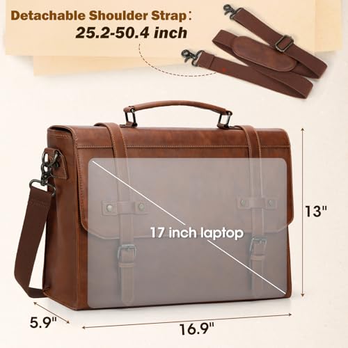 Rainsmore YZH-US-RM6677-BROWM Mens Messenger Bag 17 Inch Waterproof Vintage Leather Laptop Briefcase Large Laptop Bag Satchel Bag Computer Shoulder Bag thumb #1