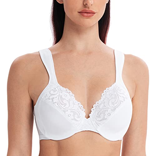 MELENECA Women's Full Coverage Minimizer Plus Size Lace Underwire Bra Cushion Strap White 48DD