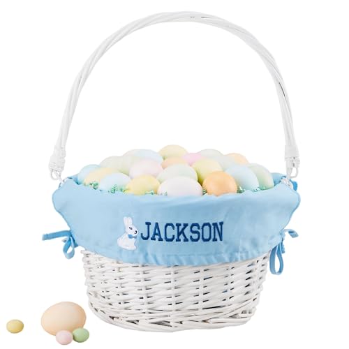 Personalization Universe Bunny Name Hand-Woven Personalized Willow Easter Basket with Folding Drop-Down Handle, Customized with Name, Multiple Color Options for Boys and Girls - White, Light Blue