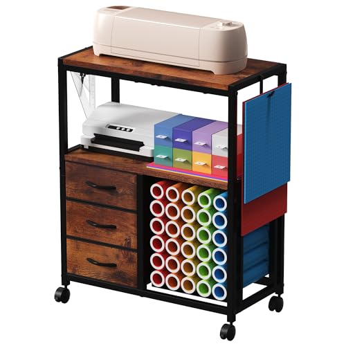 Image of 30 Vinyl Roll Holders for Cricut Cart, Rolling Craft Cart with 3 Fabric Drawer, Craft Organization and Storage Compatible with Cricut Maker Machine, Crafting Cabinet Table Workstation, Rustic Brown