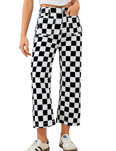 Odefou Cropped Jeans for Women Checkered Pants Casual High Waisted Stretchy Straight Leg Trousers with Pockets(Black and White Checkered 4)