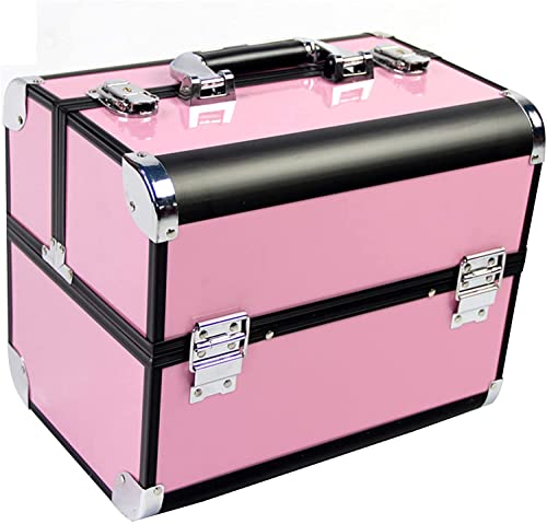 Image of Adson Professional Makeup Box Cosmetics Case Jewelry Organiser Vanity Make Up Storage Box Beauty Train Case Lockable with Keys (Light Pink with Black Corners)