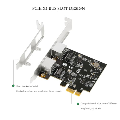 PCIe X1 to 2.5G Tarjeta de Red RTL8125B Adaptador Ethernet Gigabit para Desktop y Servidor, PCI-E x1 LAN Card 2500Mbps con Indicadores LED Dobles, Soporte Full & Low Profile (Doble RJ45) miniatura 5