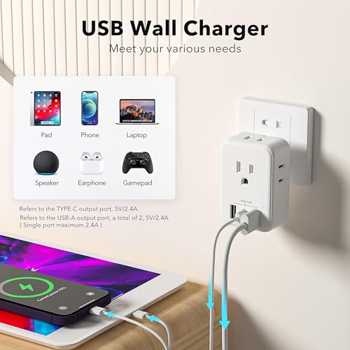 Image of BN-LINK Multi Plug Outlet Extender with AC Outlets and USB Ports, Outlet Splitter with 3 USB Ports (1 USB C), Wall Charger Adapter for Dorm, School, Travel, Office, Home (4 Outlets (Pack of 1))
