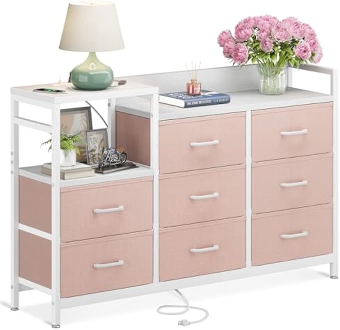 ODK Dresser with Charging Station, 52-Inch Long Dresser for Bedroom with 8 Storage Drawers, Fabric Dressers Chests of Drawers with Sturdy Steel Frame and Wooden Top, White and Pink