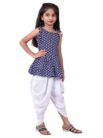 Image of Girls Ethnic Printed Peplum Top and White Dhoti Pant Set | Stylish Sleeveless Kurti with Comfortable Bottom | Traditional Festive Outfit for Kids