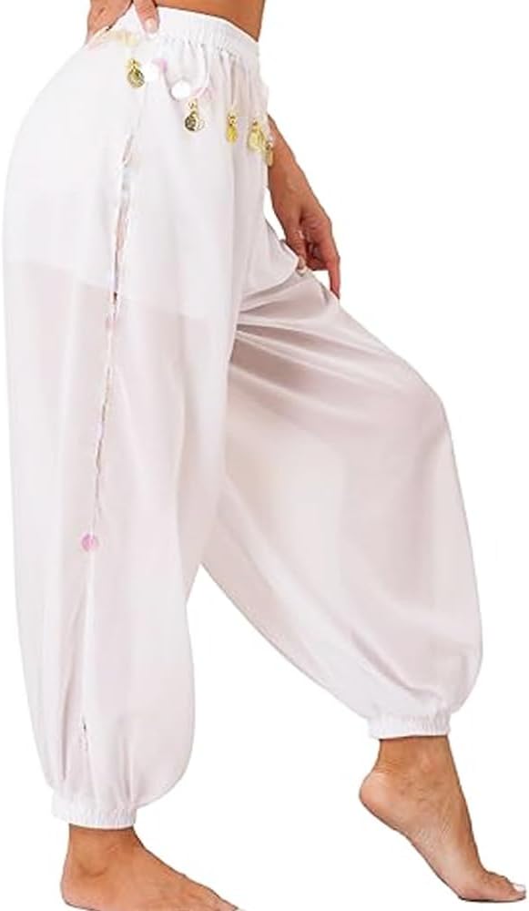 Women's Belly Dance Harem Pants Arabic Halloween Side Split Sequin Shiny Coins Lantern Trousers