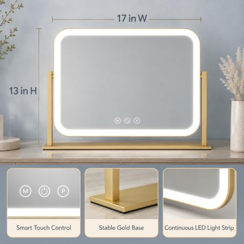 Image of FENNIO Vanity Mirror with Lights 17''x13'' Makeup Mirror with Lights,Vanity Mirror Touch Screen with 3-Color Lighting,Dimmable,for Vanity Desk Tabletop Gold