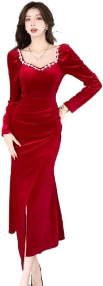 Fishtail red Dress for Women in Autumn and Winter Velvet hipwrapped