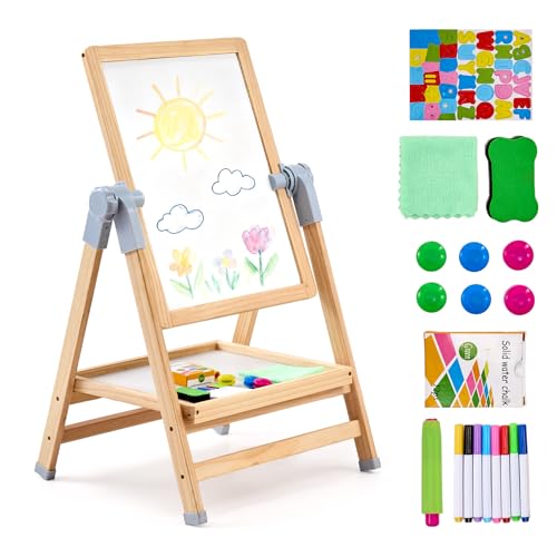 VEVOR Chevalet d'Art Enfants 2-en-1 Tableau Magnétique Blanc Noir Double Face, Planche à Dessin en Bois Amovible Rotative Réglable avec Accessoires, pour Créativité, Gribouillage, Garçons, Filles