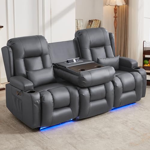 Image of URRED Power Loveseat Recliner Sofa with Massage and Heat, Wall Hugger Reclining Loveseat with Console, RV Couch Home Theater Seating with LED Lights for Living Room (Ash Gray, 76.8 inch - 3 Seats)