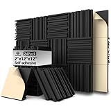 HERTBER 24 Pack Acoustic Foam Panels, Self-adhesive Grooved Black Sound Proofing Panels, 12x12x2 Inches, High Density Sound Proof Foam Panels for Walls, Studio Recording, Office, Home