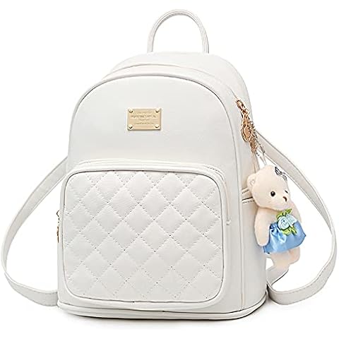 Backpack Purse for Women Small Girl Mini Daypack Leather Improved Cute Waterproof with Bear Doll (White) Cover