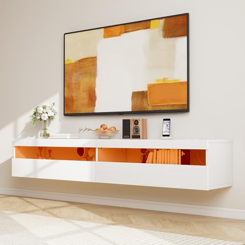 Winlice Meuble TV Murale Flottant 180 cm avec Éclairage LED & Prise de Courant,Console TV Moderne Haute Brillance avec Rangement,Support TV Murale pour Téléviseurs 65/75/80 Pouces,Blanc