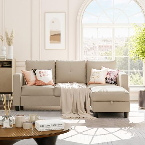 Shintenchi Modern L-Shaped Convertible Sectional Sofa with Storage Ottoman - Light Brown