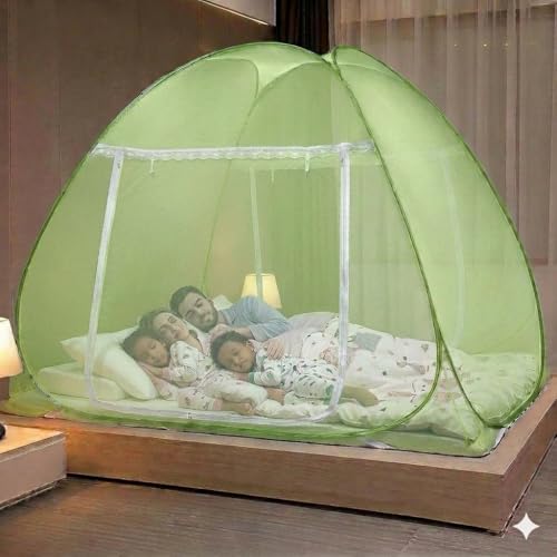 Image of Premium Mosquito Net for King Size Double Bed (6X 6 Feet), Easy Foldable Machardani with Corrosion Resistant PVC Coated Steel Frame, 30GSM 50 Denier Mesh (Light Parrot Green)