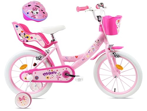 Disney Vélo 16'' Fille Licence Minnie de avec Casque Inclus - 2 Freins Caliper - Pneus Gonflables - Panier Avant - Porte-poupée arrière - Garde-Boue et 2...