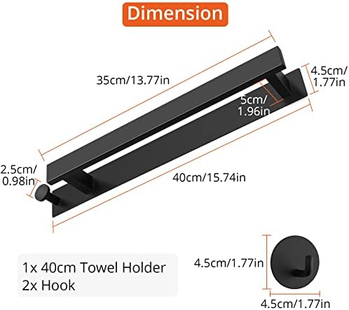 FUNYKICH Bathroom Towel Rail, Self Adhesive Towel Rail Black Towel Holder with 2 Hooks for Bathroom Kitchen, 40cm, SUS304 Stainless Steel, No Drilling Installation