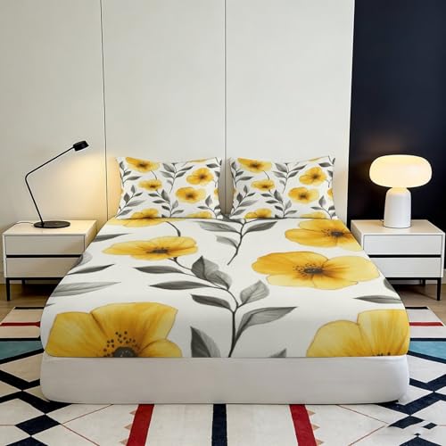 Housse de matelas 90x200x25cm microfibre douce imprimé botanique