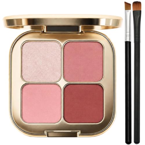 Image of QUIWEN 4-Colour Pink Eyeshadow Palette with Mirror & 2 Brushes - Rose Nude Matte & Shimmer Eye Shadow, Crease-Resistant Powder, TravelFriendly Compact for Day-to-Night Looks