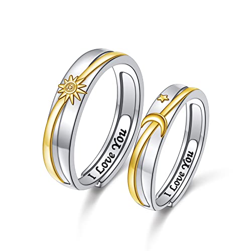 Promise Rings for Couples Sterling Silver Matching Rings for Women Adjustable Sun/Moon/Star/Heart Him and Her Rings Carved I LOVE YOU Couples Jewelry Gift for Men Women