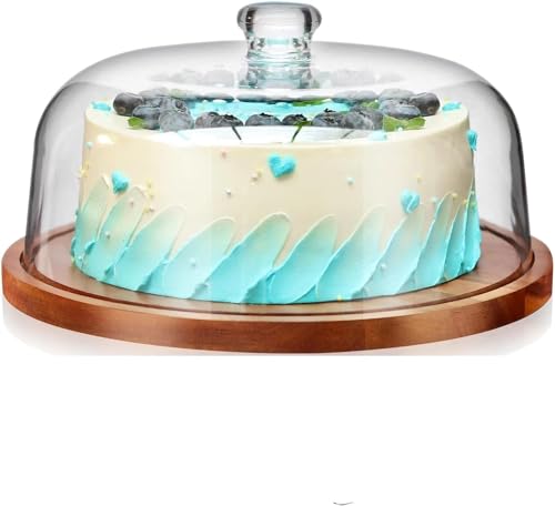 Image of Wooden Cake Stand with Acrylic Dome,Serving Cake Plate with Dome Lid, Dessert and Cupcake Display Stand, Pastry Stand,Round Cake Cutting Holder (11 x 4.5 inch) (Wooden Base)
