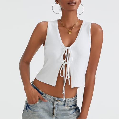 Image of Women Knit Vest Top Tie Front Tank Top V Neck Sleeveless Crochet Top Vintage Summer Going Out Streetwear(White,M), Medium