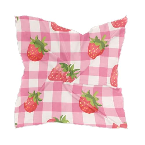 Women's Square Silk Hair Scarves and Wraps Headscarf Strawberry Pink Checkered Head Neck Scarf Bandana 24inch