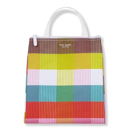 Kate Spade New York Portable Soft Cooler Lunch Bag with Silver Insulated Interior Lining and Storage Pocket, Rainbow Plaid