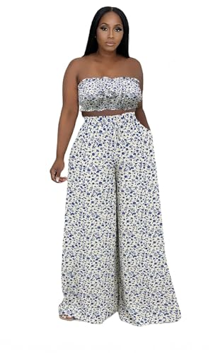 Image of Two Piece Sets for Women Summer Outfits Crop Tops and Wide Leg Pants Sets Sexy Jumpsuits Vacation Outfits with Pockets