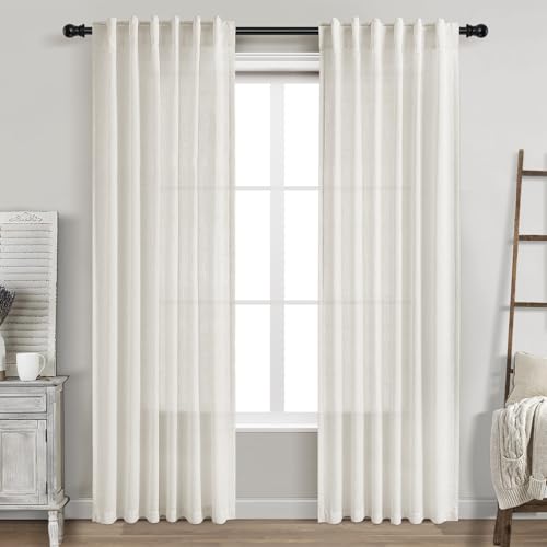 Image of Cream Linen Curtains 84 Inch Length 2 Panels Back Tab Rod Pocket Semi Sheer Bedroom Curtains Light Filtering Country Closet Curtain Drapes Netural Farmhouse Window Panels for Living Dining Room 42x84