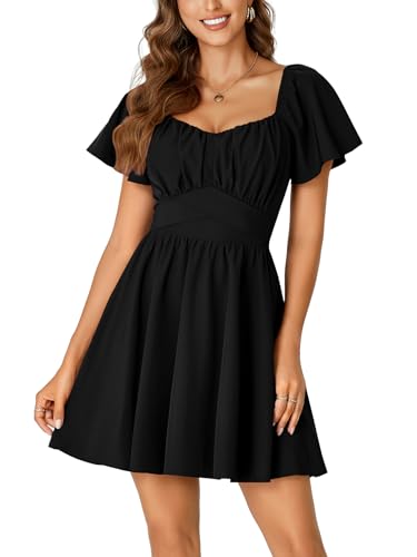 Rooscier Women's Tie Back Square Neck Wrap Ruffle Short Sleeve Flare Mini Dress2
