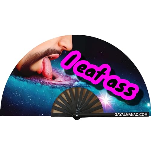 PandaTak Gay Pride Folding Hand Fans, Funny Large 13" Bamboo Fan with UV Reactive Ink, for LGBTQ Circuit Parties EDM Festivals and Raves (I Eat, Blackhole)