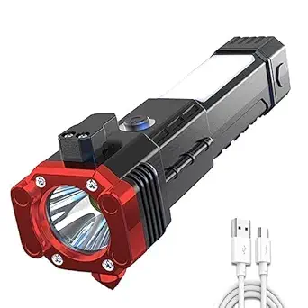 Styleaccessories Portable Rechargeable Torch LED Flashlight Long Distance Beam Range with Power Bank, Hammer, Strong Magnets, Window Glass, and Seat Belt Cutter 4 Modes for Car Outdoor Camping Hiking